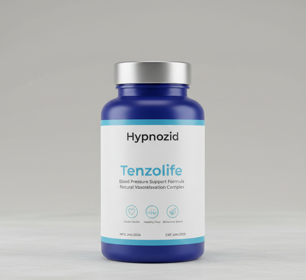 Professional product photography of Tenzolife fervano dietary supplement bottle with natural herbal ingredients arranged around it in realistic style, clean white background, studio lighting